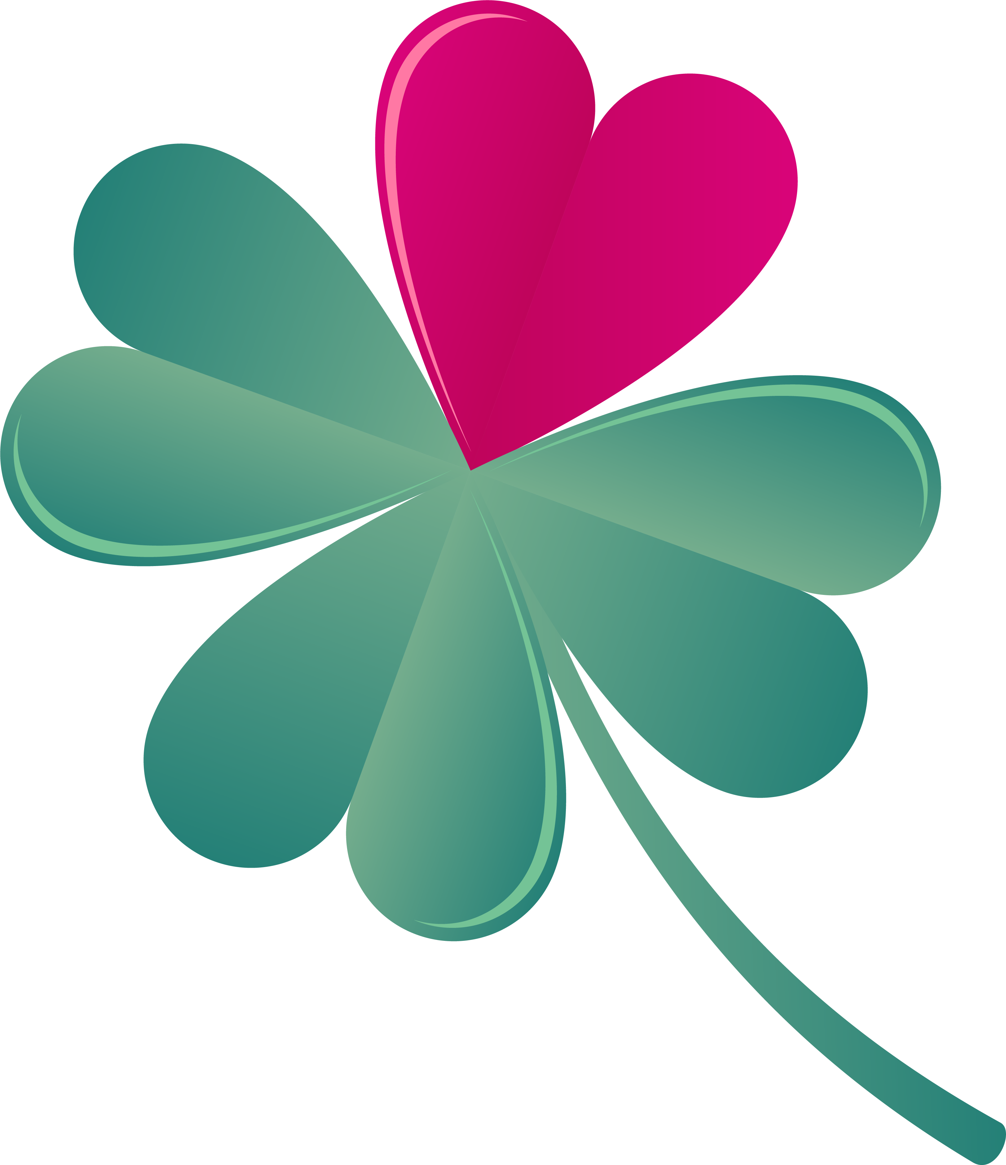 Ein vierblättriges Kleeblatt mit drei grünen und einem auffällig pinken Blatt