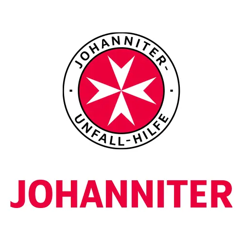 Rotes Johanniter-Logo mit weißem achtzackigem Kreuz auf weißem Hintergrund