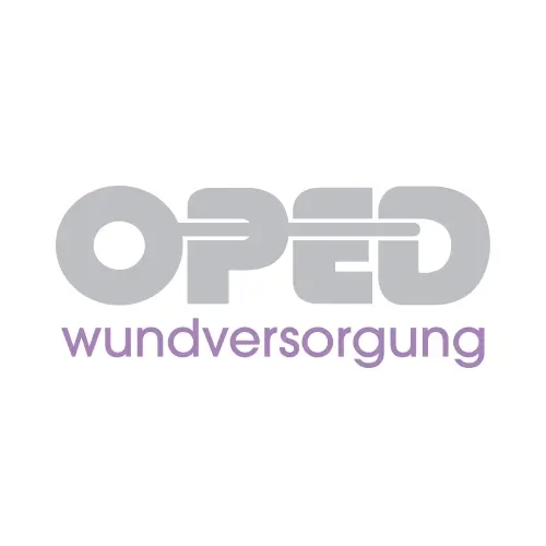 Das OPED Wundversorgung Logo zeigt graue Buchstaben und lila Schrift auf weißem Grund
