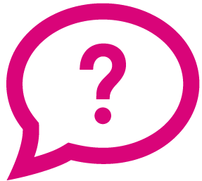 Eine pinke Sprechblase mit einem Fragezeichen in der Mitte auf weißem Hintergrund