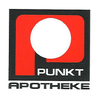 Rotes und weißes Logo mit großem Kreis und schwarzem Hintergrund, darunter steht Punkt Apotheke