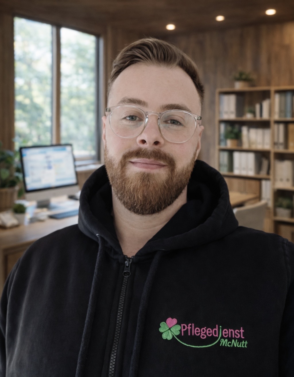 Ein Mann mit Bart und Brille lächelt freundlich in einem modernen Büro