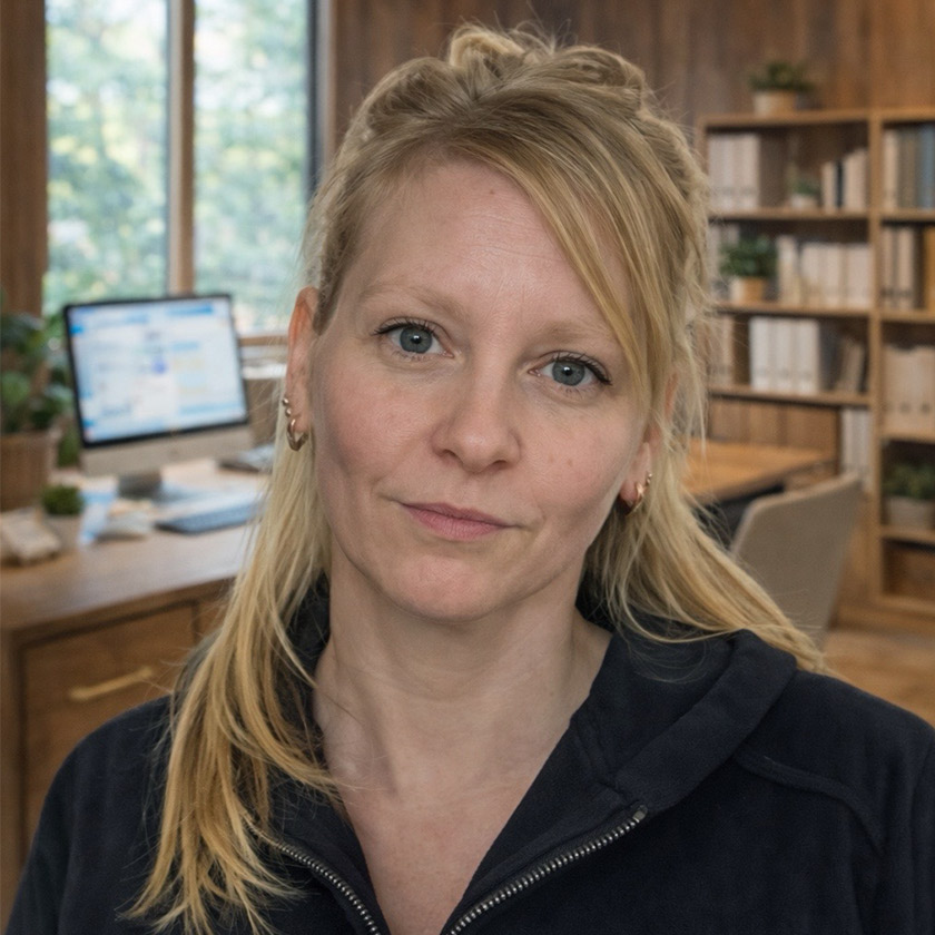 Blonde Frau mit neutralem Gesichtsausdruck steht im modernen Büro mit Holzdekor